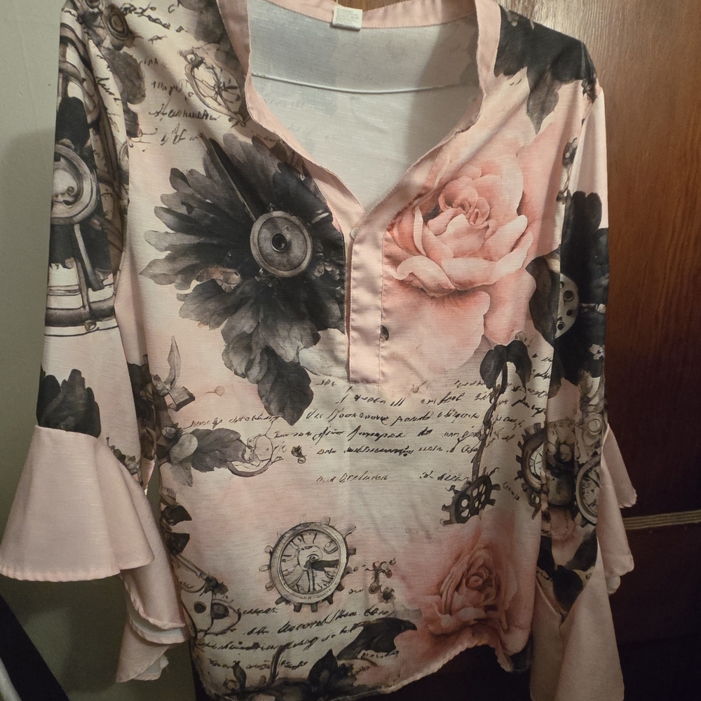 Women's Pink Floral Bell-Sleeve Blouse with V-Notch-Beautiful